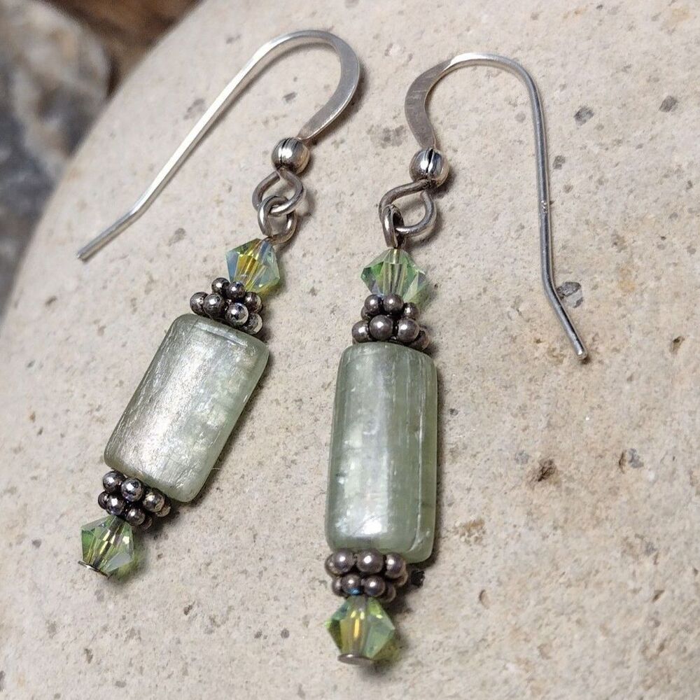 Green Aventurine Crystal Beaded Sterling Silver .925 Dangle Earrings